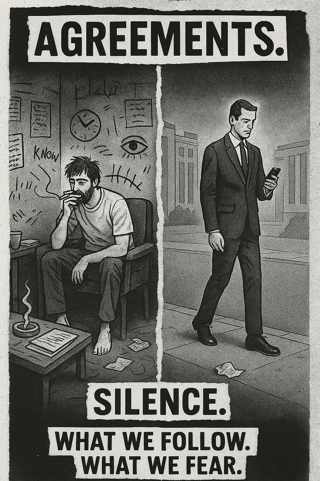 Split image showing private authentic self vs public compliant self