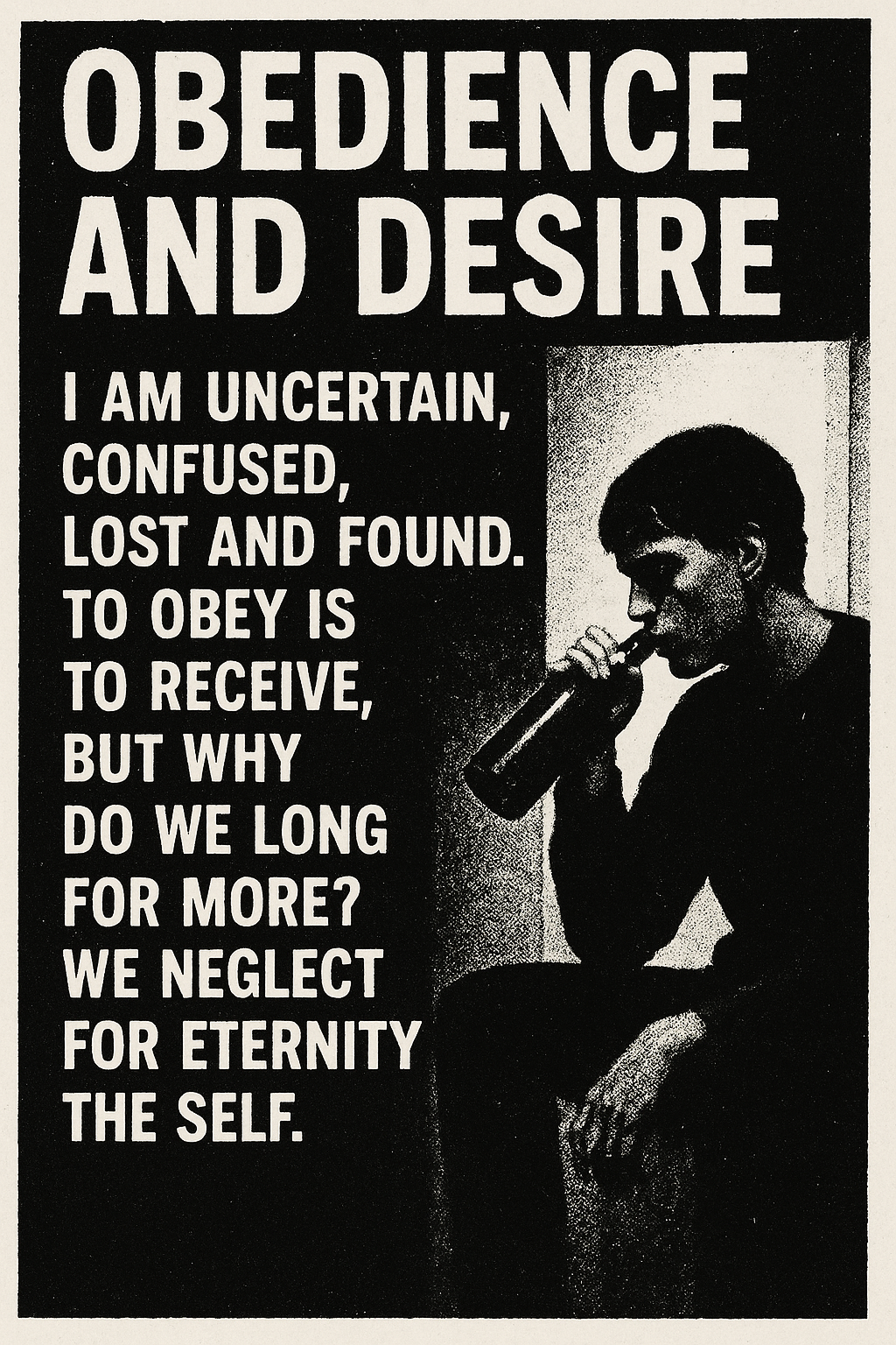 Figure in contemplation with text about obedience and desire